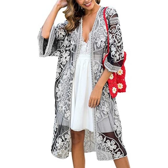 Swim Womens Lace Cardigan Floral Crochet Sheer Beach Cover Ups Black White Poshmark